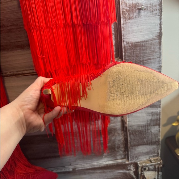 Red Fringe Over-the-Knee Heeled Boots - Picture 3 of 9